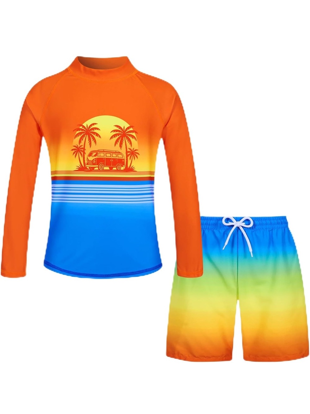 NWT Kids Orange & Blue Rash Guard Swim Set - Vibrant Sunset Print